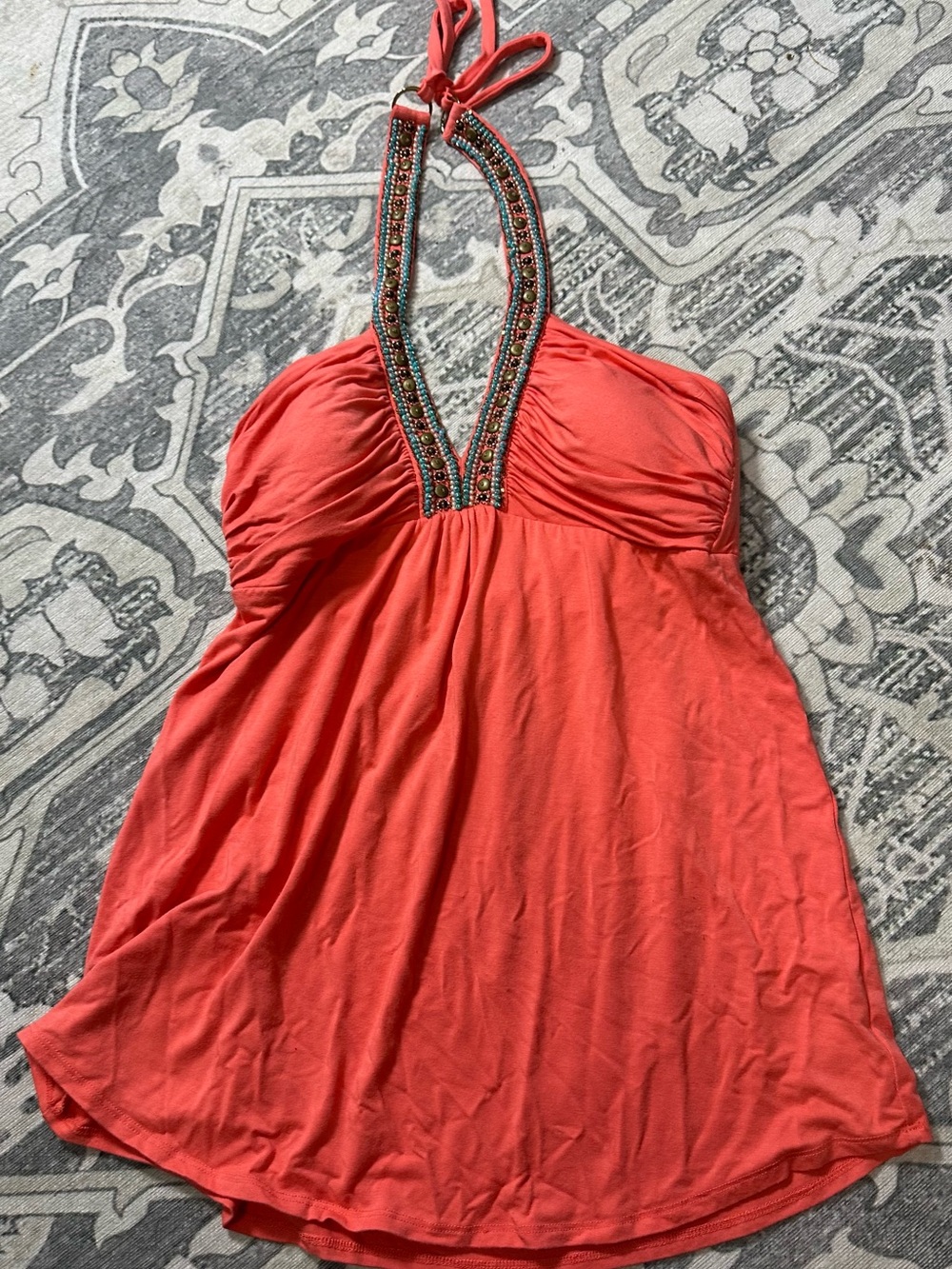 Vintage Y2K Cache Coral Halter Top Beaded V neck size Large Boho Glam Festival
